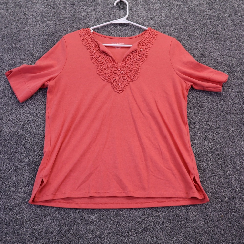 Drapers & Damons T Shirt Womens Petite Large Orange Pink Beaded Crochet V Neck